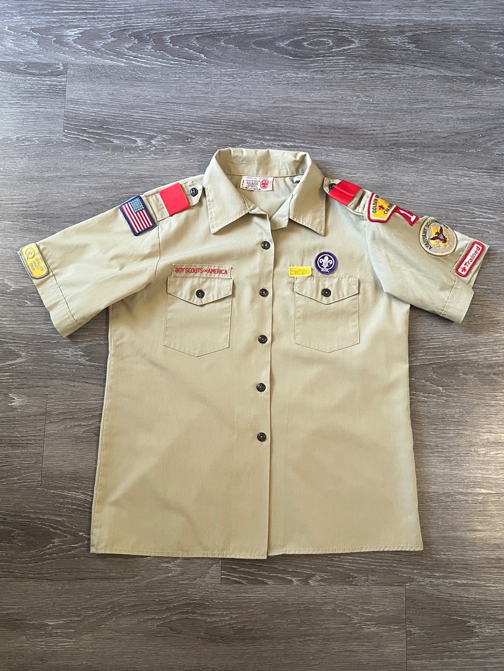 Boy Scouts of America Tan Button-Down Youth Shirt with Patches Vintage